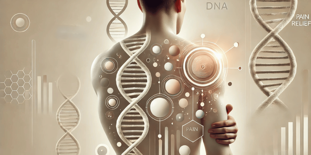 Abstract illustration of stem cell therapy for pain relief, featuring stem cells and a DNA helix