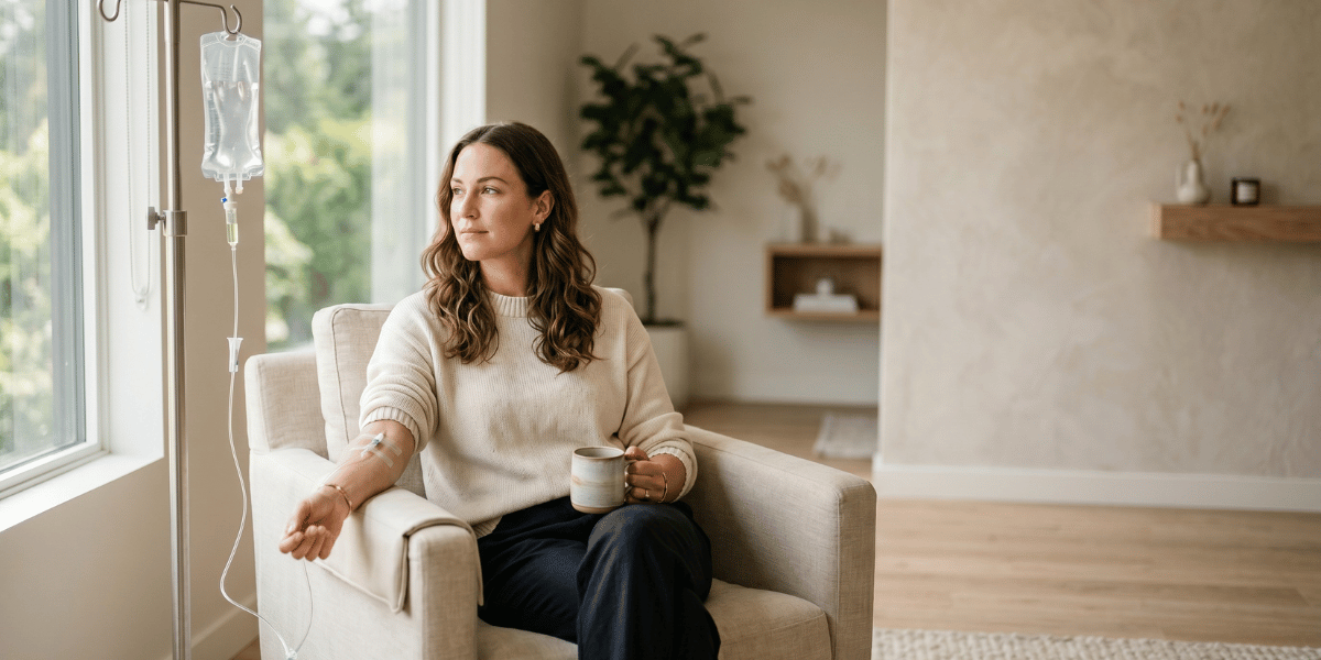 Woman relaxing during an IV therapy session in a bright, modern wellness space