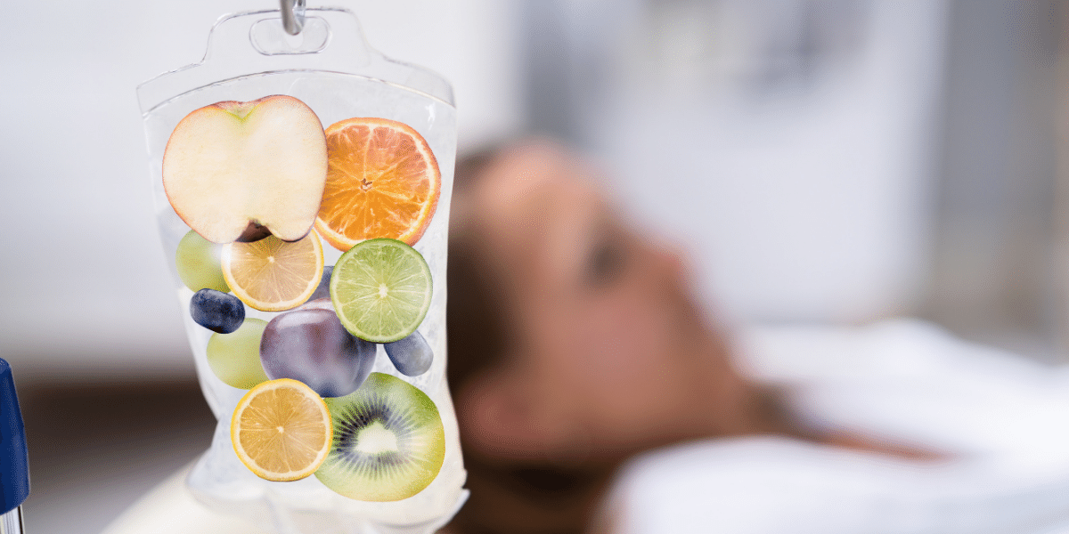 IV bag full of fruit to mimic vitamins being infused into system