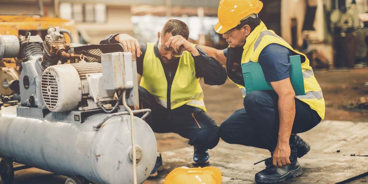 Two men working together. One is helping another one as he is hot and sweating.